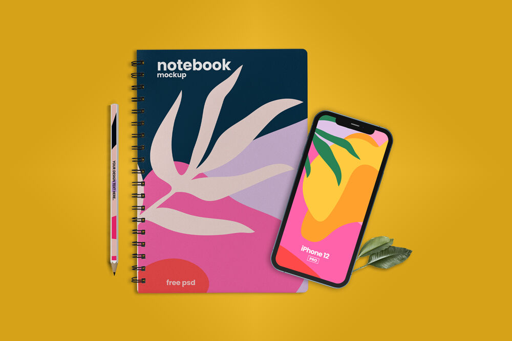 Top View of a Notebook with iPhone 12 and a Pen Mockup