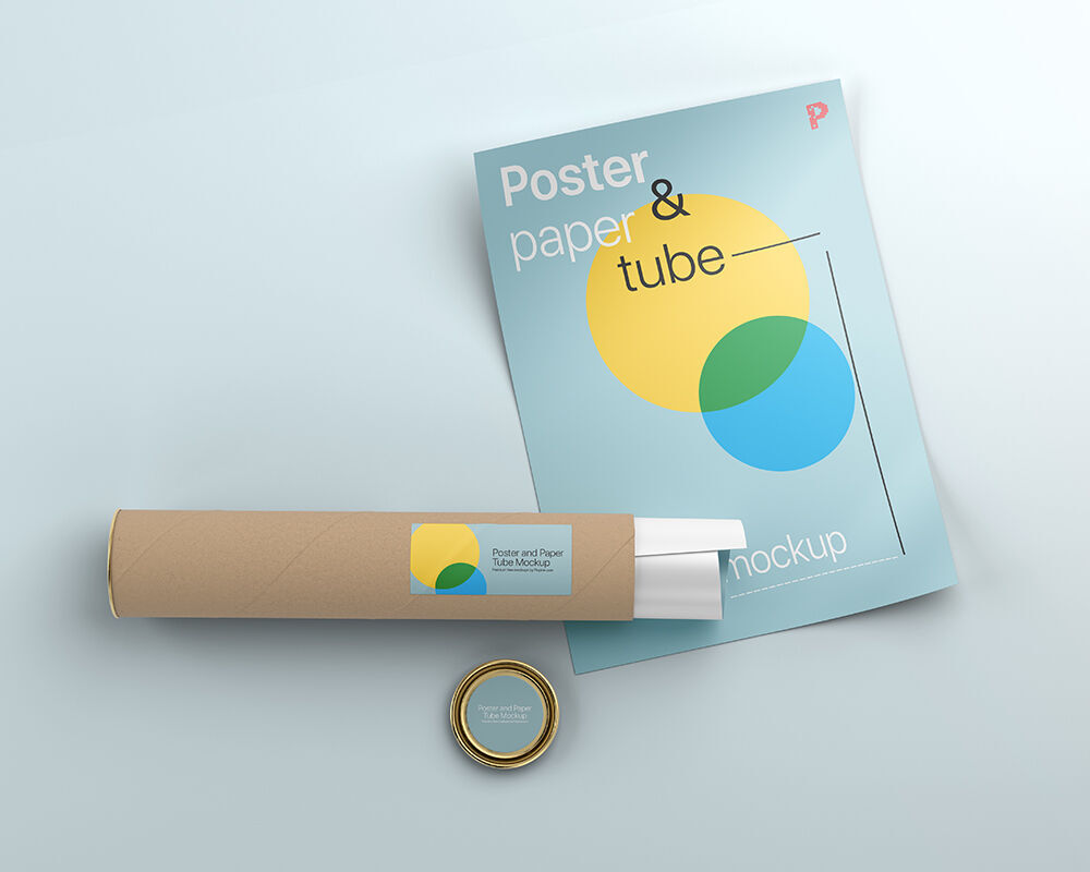 Top View of a Poster with Paper Tube and Its Lid Mockup