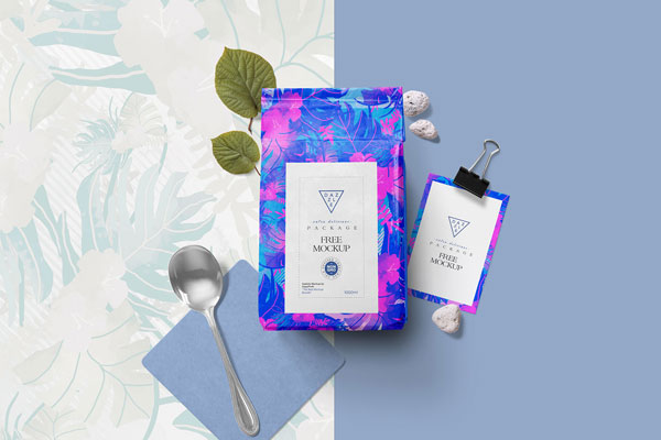 Top View of a Realistic Packaging Pouch with a Business Card Mockup