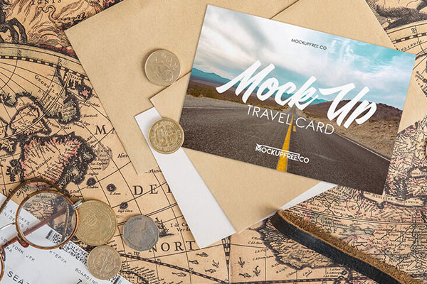 Top View of a Travel Card Mockup Lying on a Map