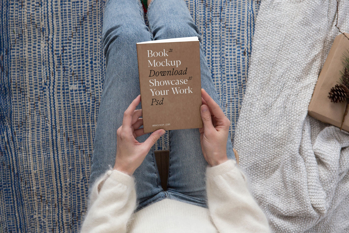 Top View of a Woman Holding Book Cover Mockup FREE PSD