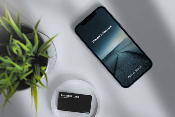 Top View of an iPhone 12 Pro Max and a Business Card Mockup