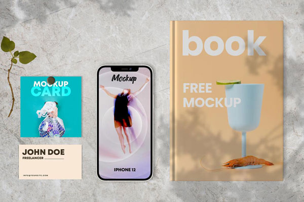 Top View of Book, Business Cards and iPhone 12 Mockup