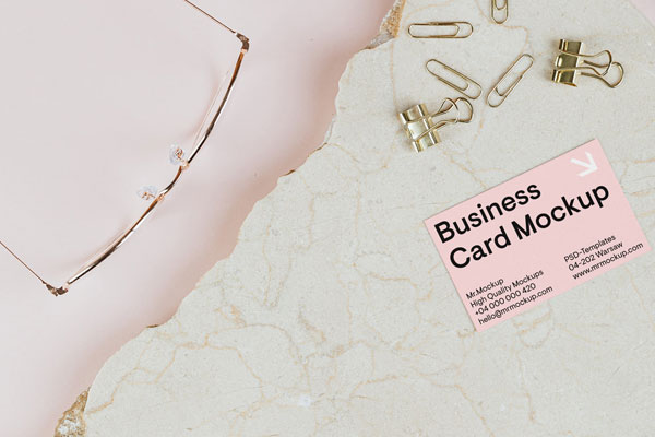 Top View of Business Card Mockup on Marble