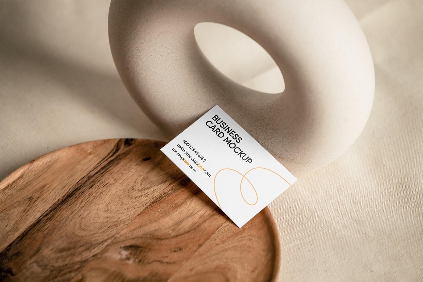 Top View of Business Card Mockup on Wooden Plate FREE PSD