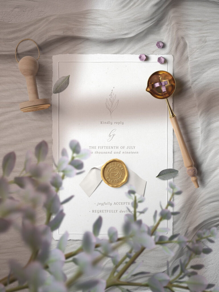 Top View of Card Mockup with Wax Seal on Cloth