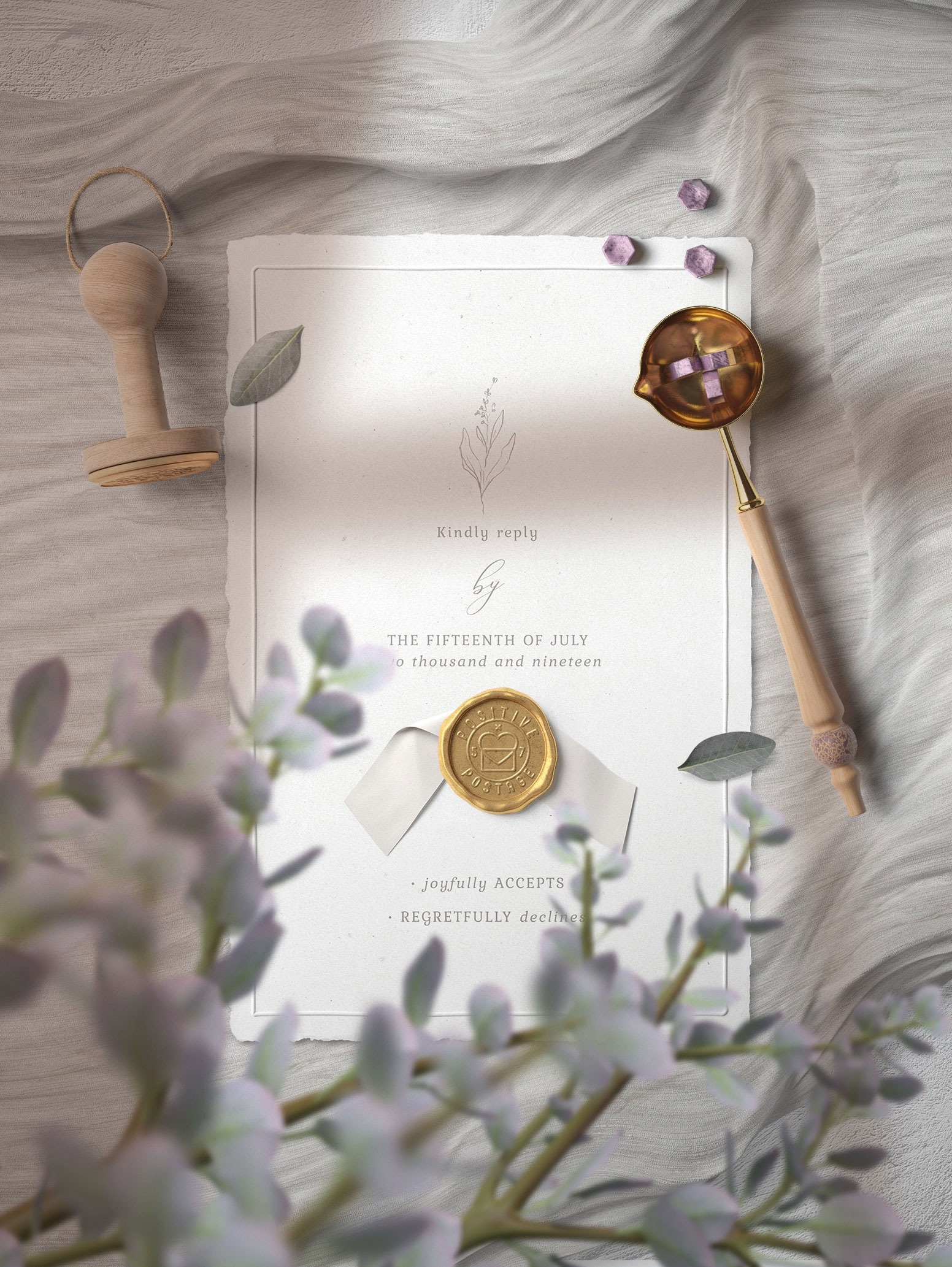 Free Top View of Card Mockup with Wax Seal on Cloth PSD Template