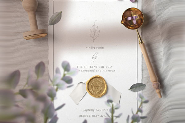 Top View of Card Mockup with Wax Seal on Cloth