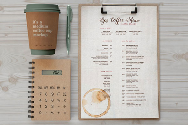 Top View of Coffee Cup and Branding Stationery Mockup