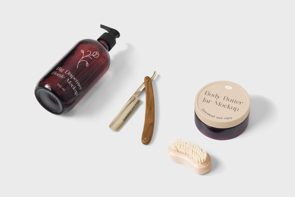 Top View of Dispenser Bottle Mockup Featuring Jar and Razor