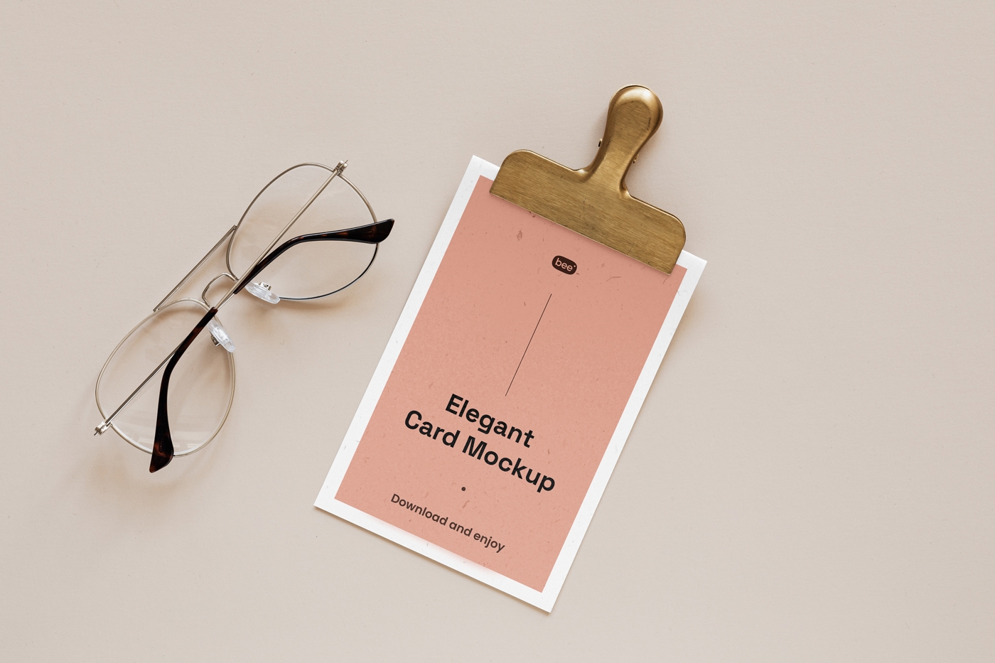 Top View of Elegant Card Mockup Featuring Clip and Glasses FREE PSD