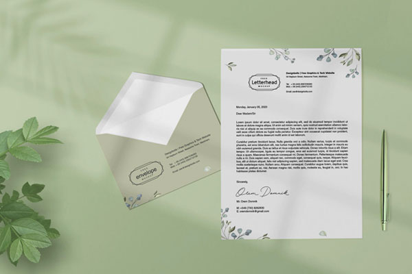 Top View of Life-like Letterhead and Envelope Mockup