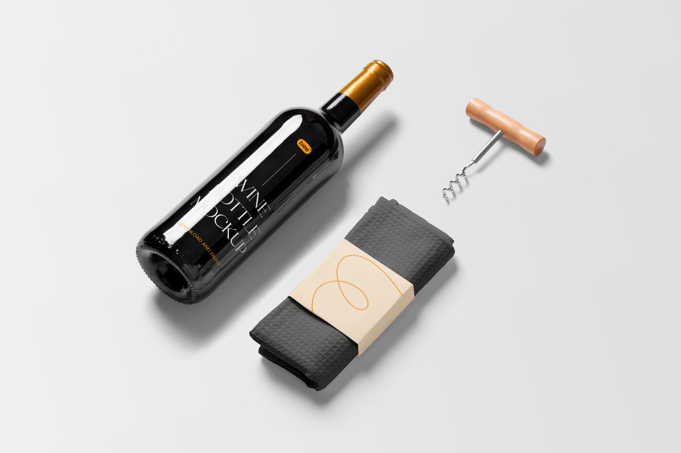 Top View of Lying Wine Bottle Mockup with Dishcloth FREE PSD