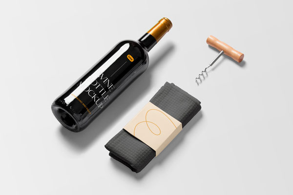 Top View of Lying Wine Bottle Mockup with Dishcloth