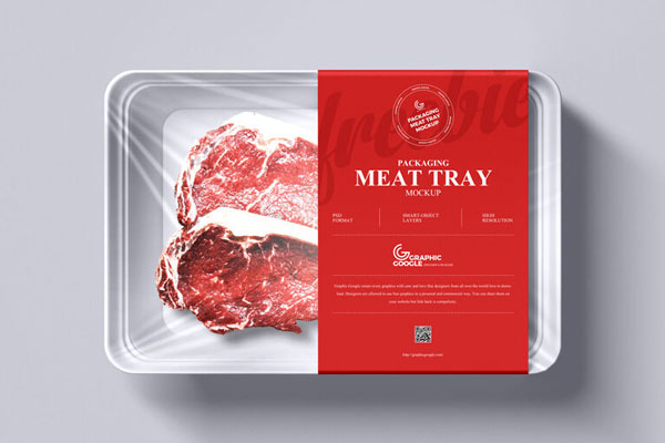 Top View of Meat Products in Tray Packaging with Cellophane Mockup