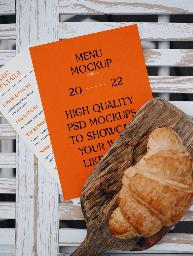 Top View of Menu Cards Mockup with Croissant