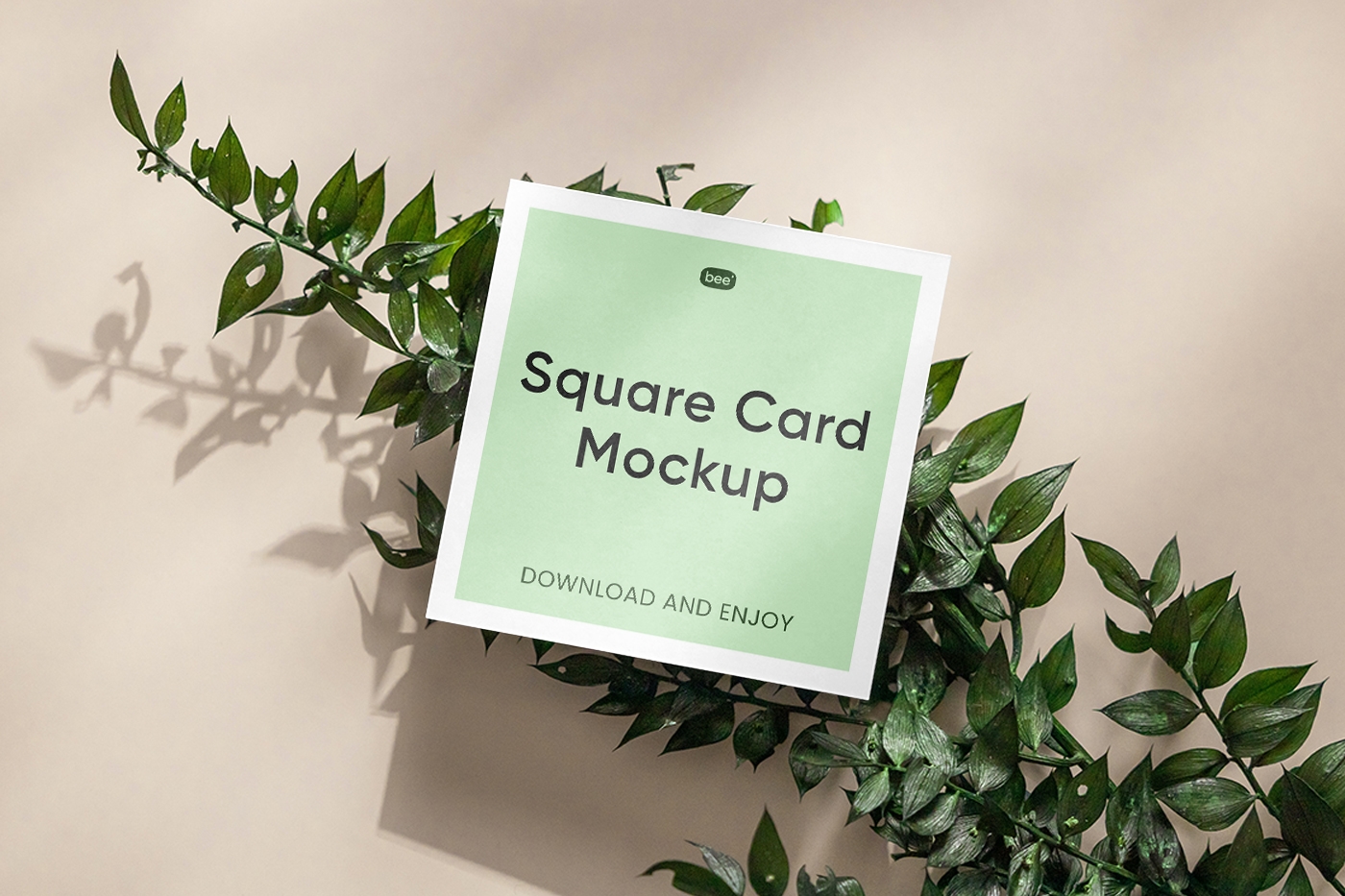 Top View of Mini Square Card Mockup on Plant FREE PSD
