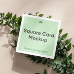 Top View of Mini Square Card Mockup on Plant