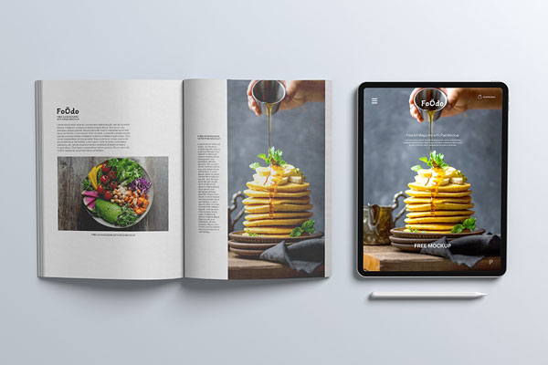 Top View of Open A4 magazine with iPad Pro Mockup