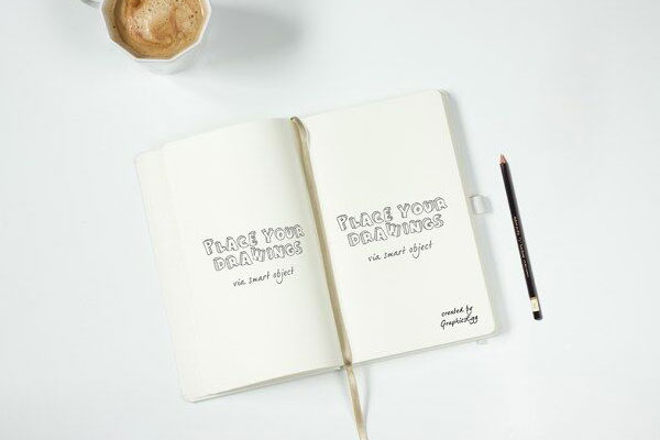 Top View of Open Notebook Mockup with Coffee Cup