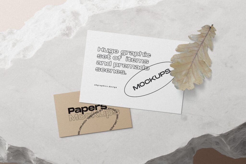 Top View of Paper Cards Mockup with Oak Leaf