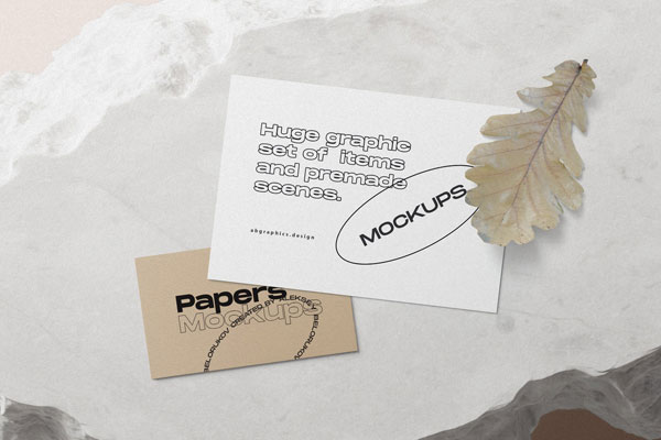 Top View of Paper Cards Mockup with Oak Leaf
