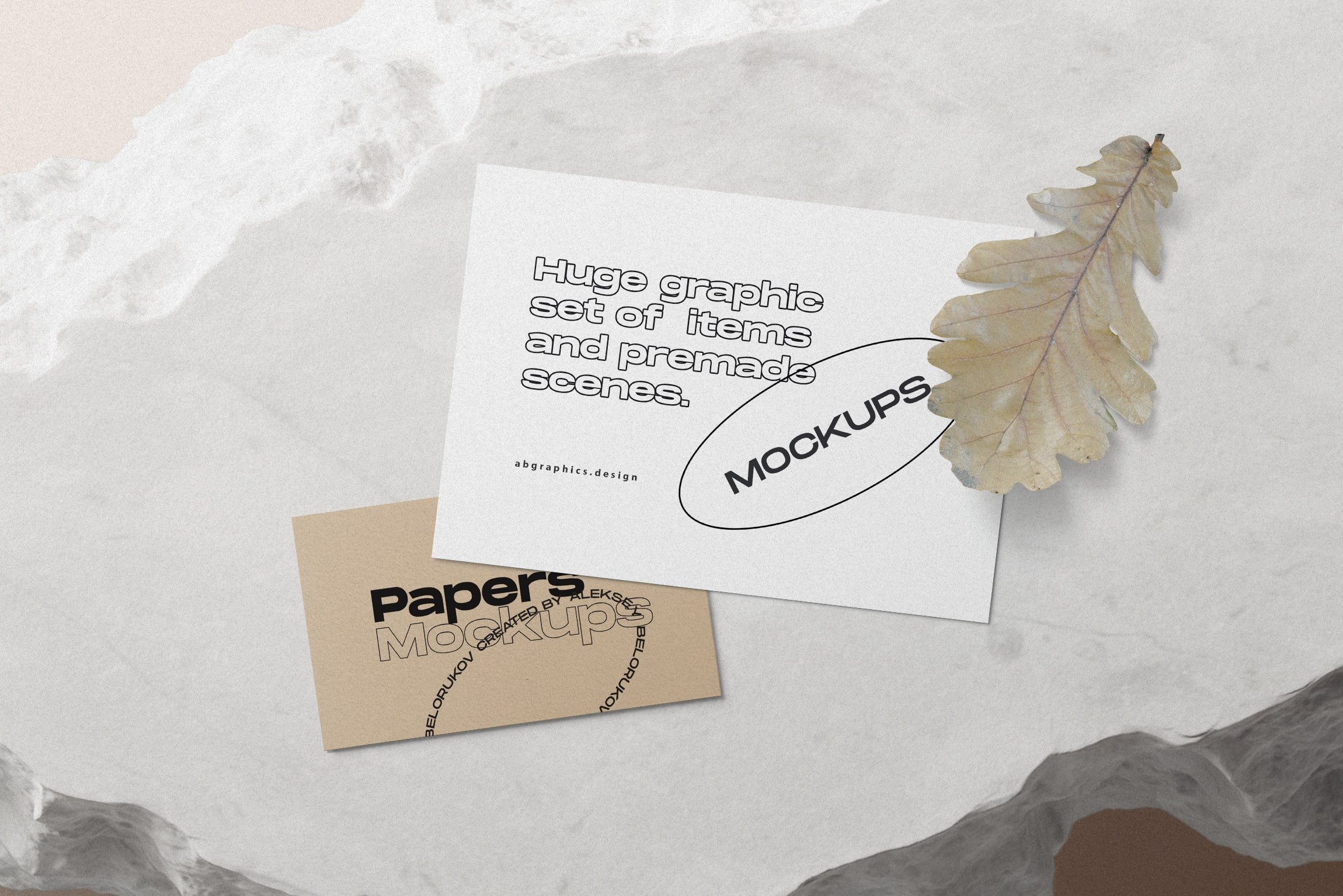 Top View of Paper Cards Mockup with Oak Leaf FREE PSD