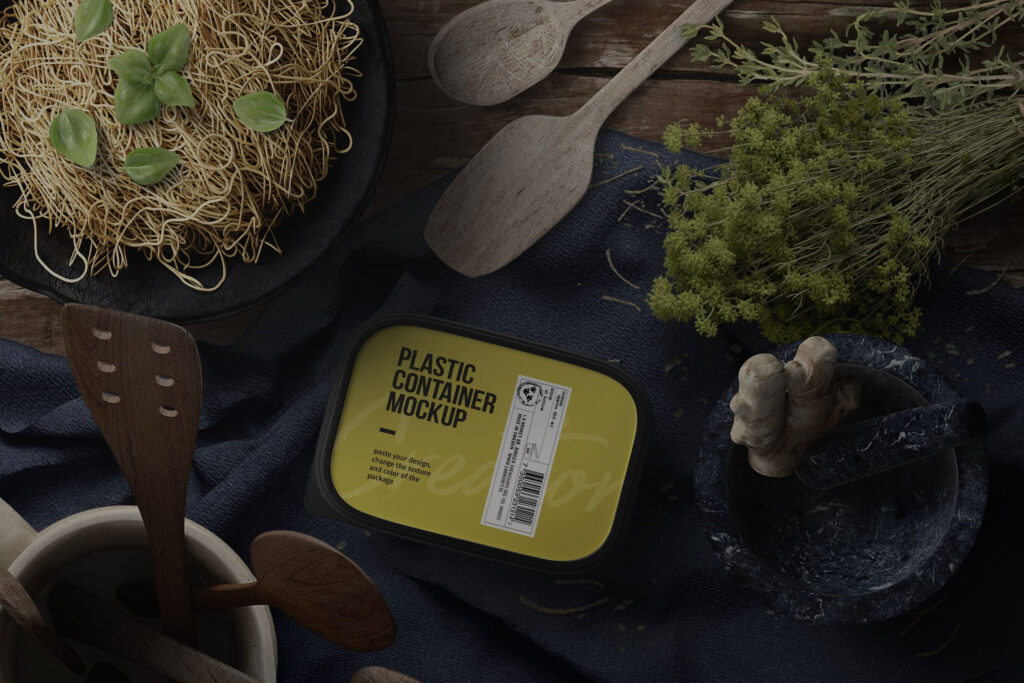 Top View of Pasta Preparation and Plastic Container Mockup