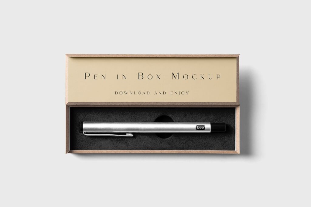 Top View of Pen Inside Its Wooden Box Mockup