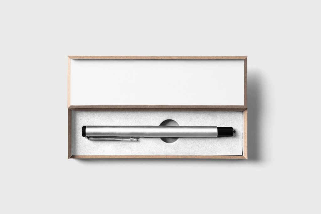 Top View of Pen Inside Its Wooden Box Mockup