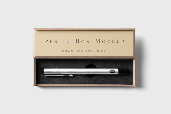 Top View of Pen Inside Its Wooden Box Mockup