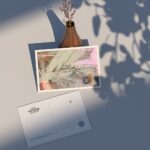 Top View of Postcard Mockup Against the Rustic Vase