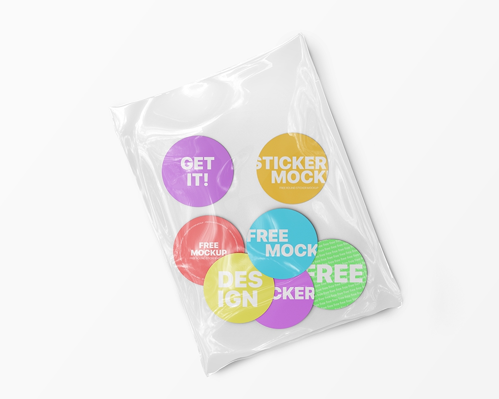 Top View of Seven Round Stickers in a Plastic Wrapping Mockup