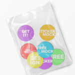 Top View of Seven Round Stickers in a Plastic Wrapping Mockup