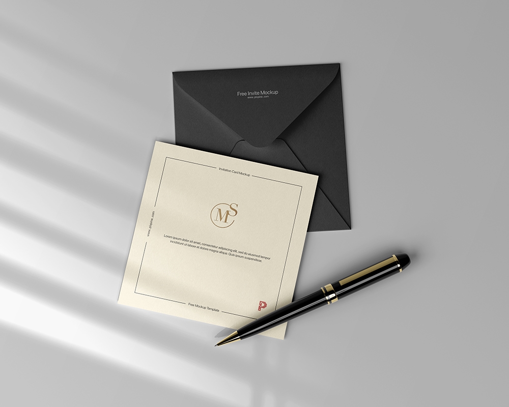 Top View of Square Invitation Card and Envelope Mockup