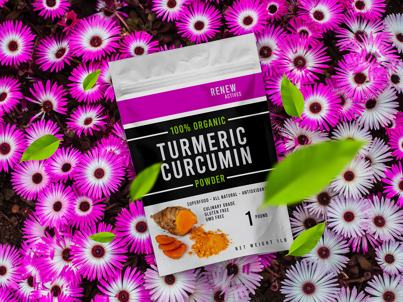 Top View of Standing Pouch on Flowers Mockup FREE PSD