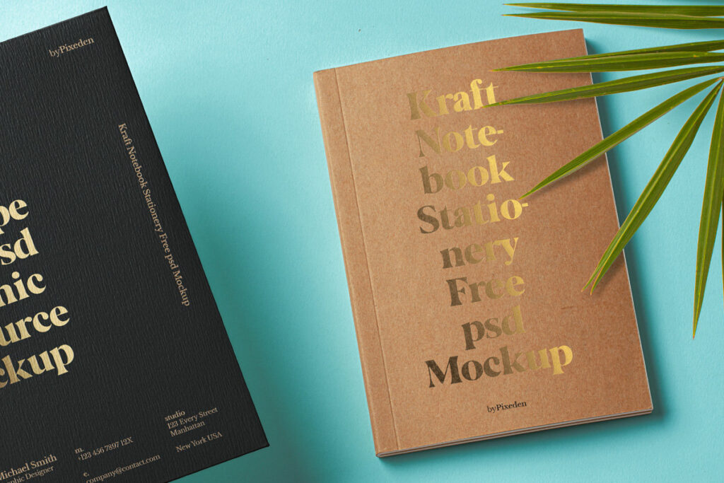 Top View of Stationery Set Kraft Notebook Mockup
