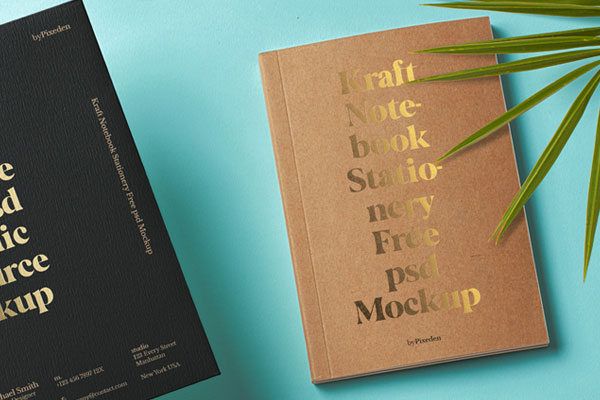 Top View of Stationery Set Kraft Notebook Mockup