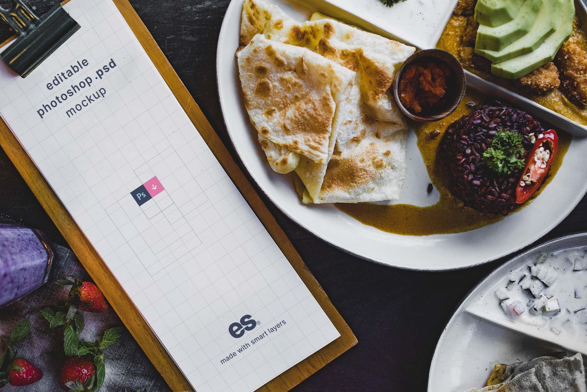 Top View of Tall Restaurant Menu Mockup on Dining Table FREE PSD