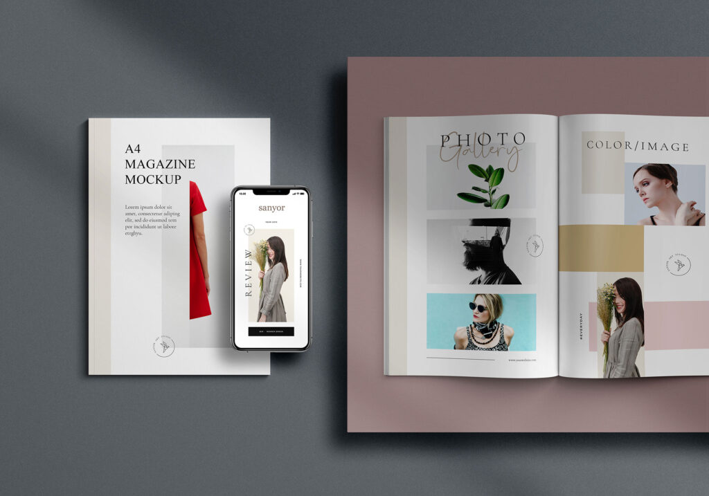 Top view of Two A4 Magazines and a iPhone X Mockup
