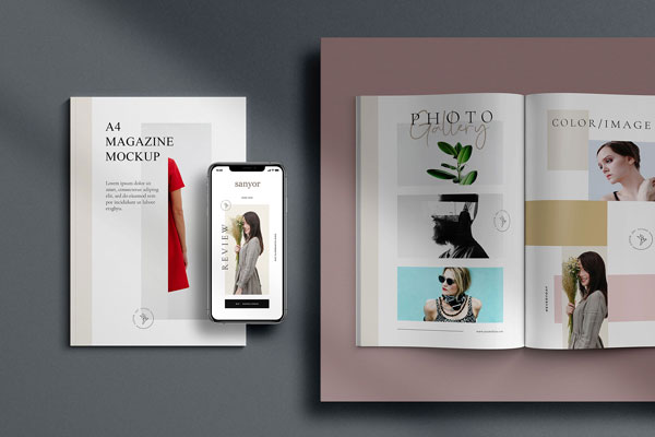 Top view of Two A4 Magazines and a iPhone X Mockup