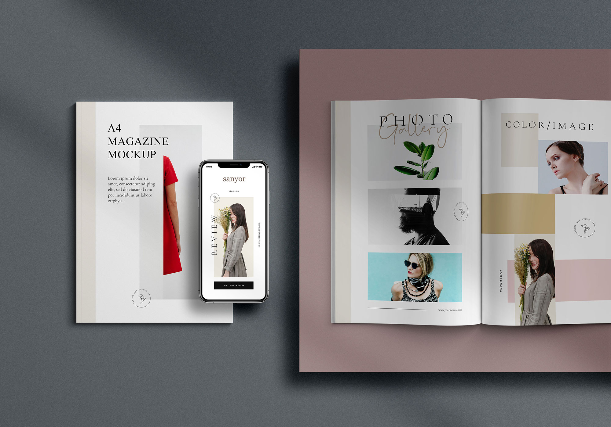 Top view of Two A4 Magazines and a iPhone X Mockup FREE PSD