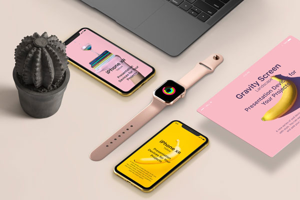 Top View of Two Smartphones and Smartwatch Mockup
