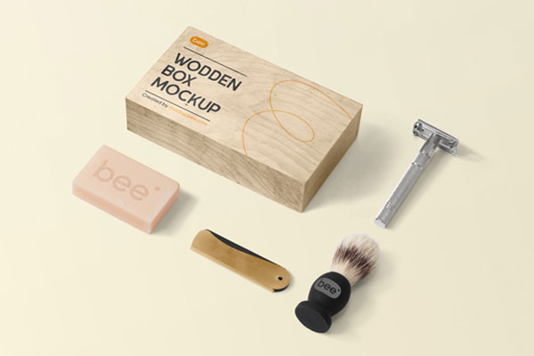 Top View of Wooden Box Mockup Featuring Facial Make-up Set
