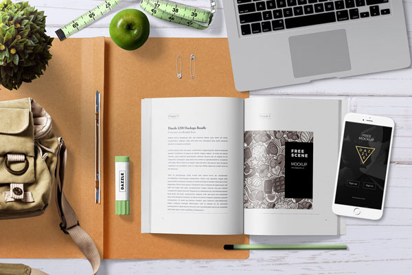 Top View Open Book Mockup Scene with Smartphone, and Plant