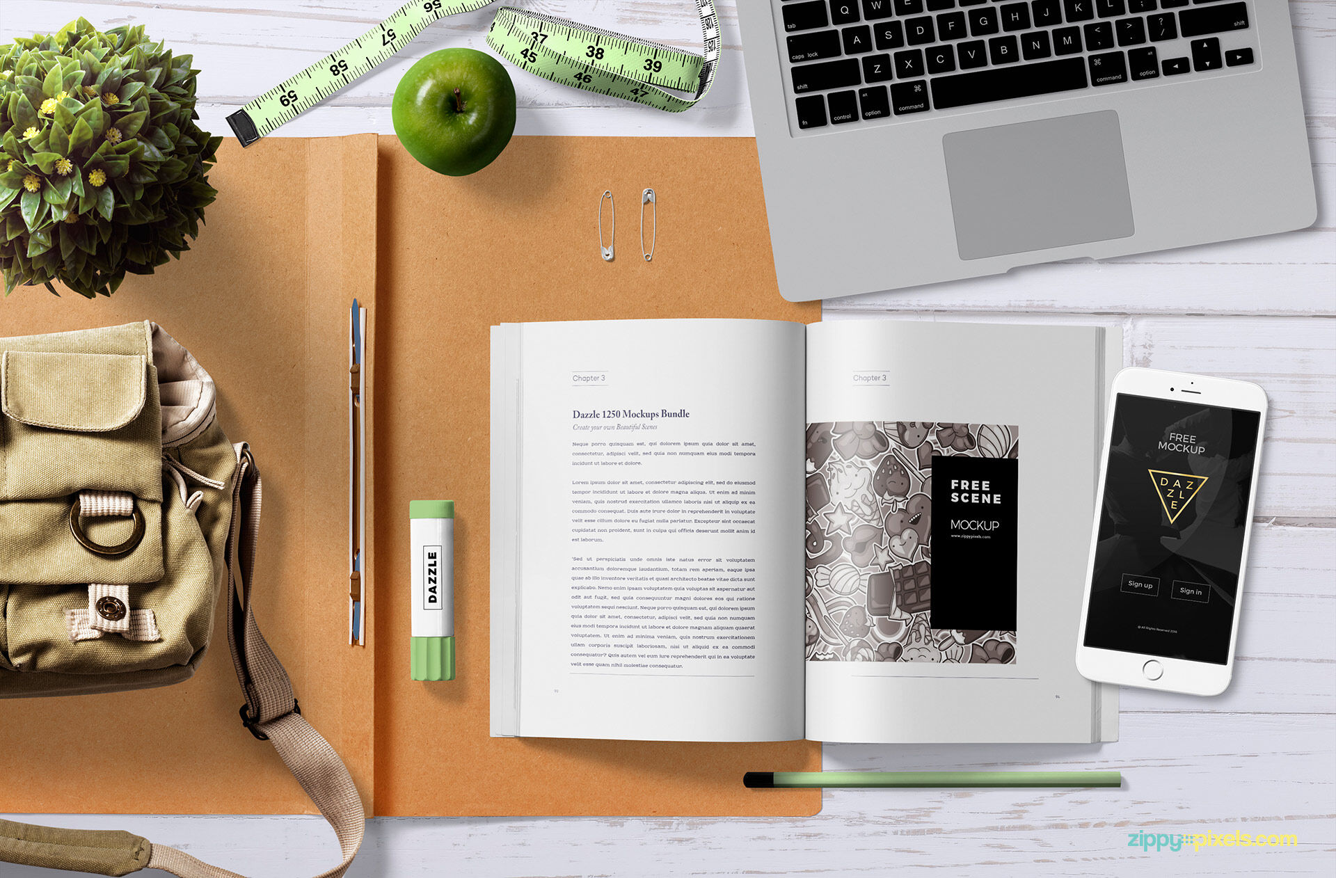 Top View Open Book Mockup Scene with Smartphone, and Plant FREE PSD