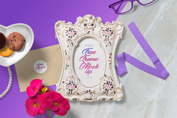 Top View Picture Frame Mockup Scene with Cookies, Envelope, etc.