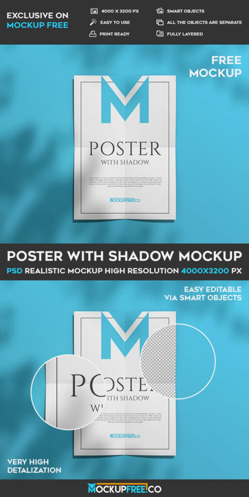 Top View Poster with Fold Lines Mockup in Shadows
