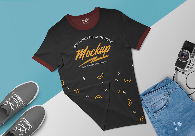 Top-View Round Neck T-Shirt on a Surface Mockup