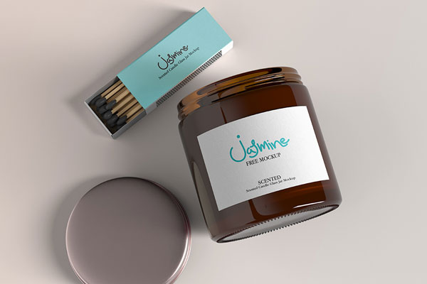 Top View Scented Candle Glass Jar with Match Box Mockup